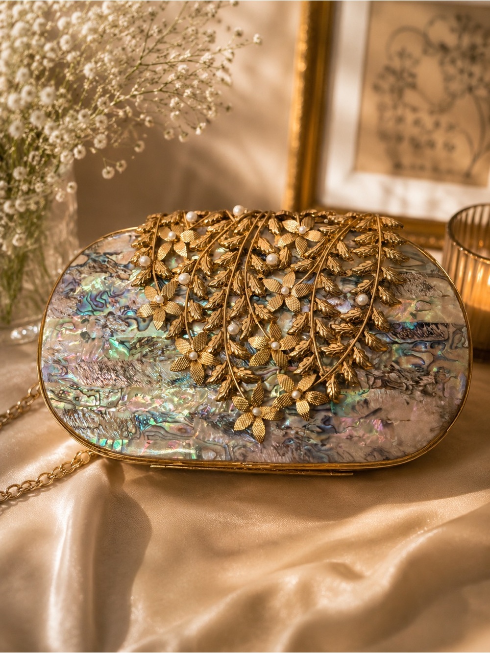 Gold Floral Abalone Clutch Bag